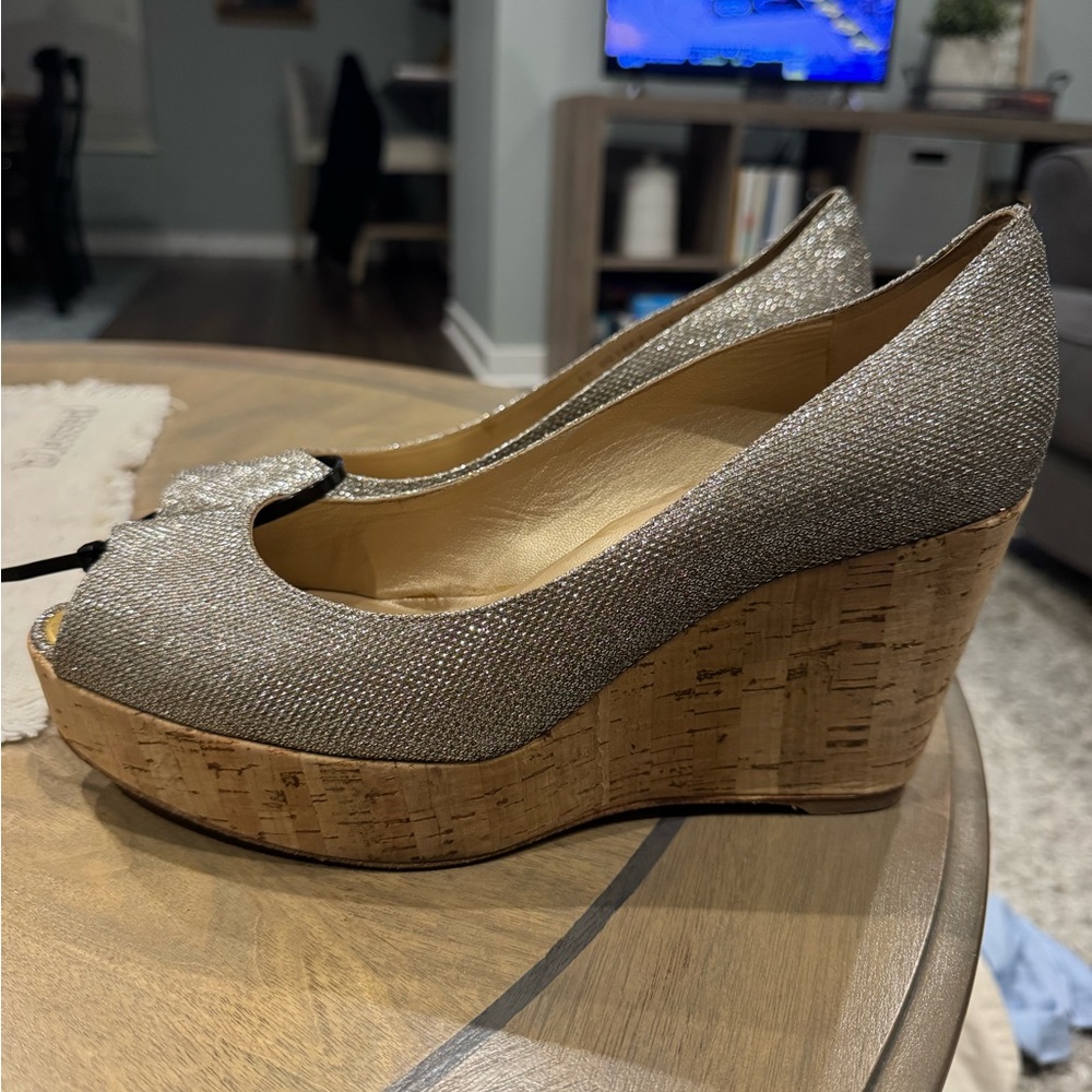 Stuart Weitzman Anna Platinum Noir Wedge Open Toe Women’s